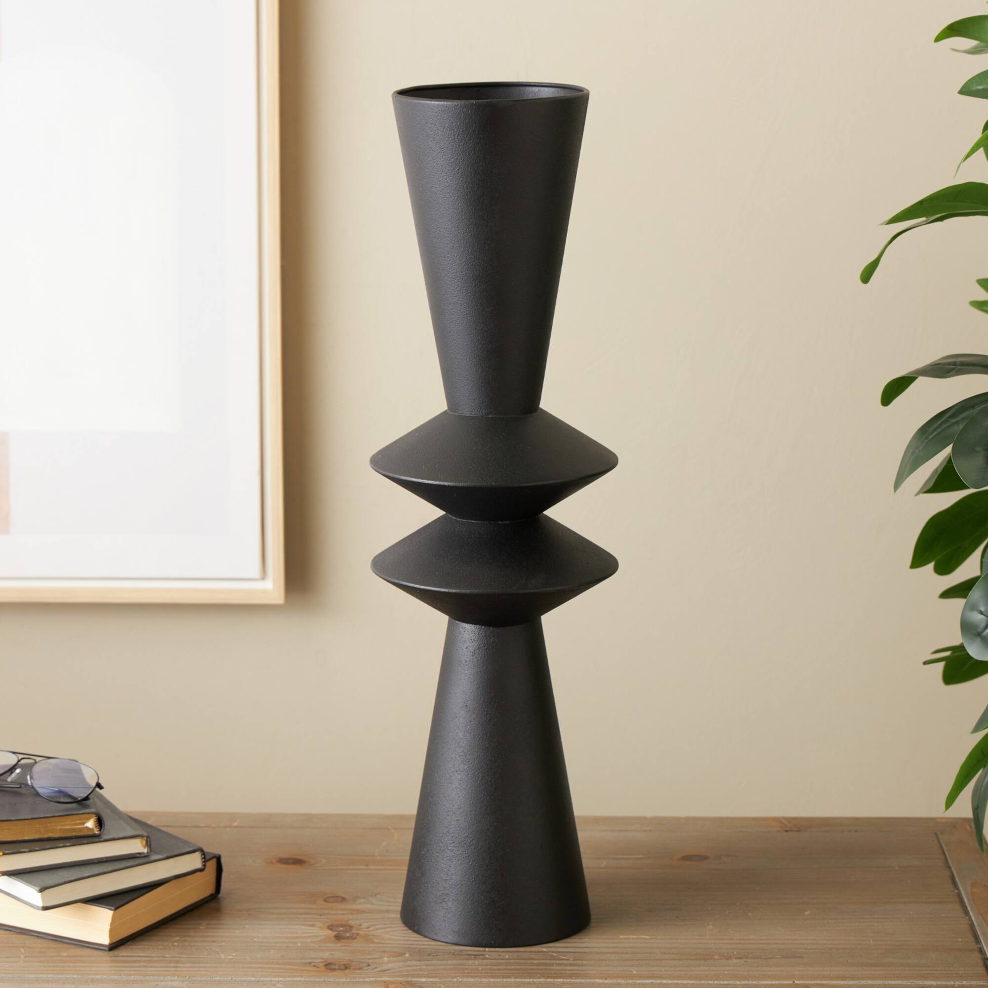 26" Black Fluted Metal Art Deco Vase